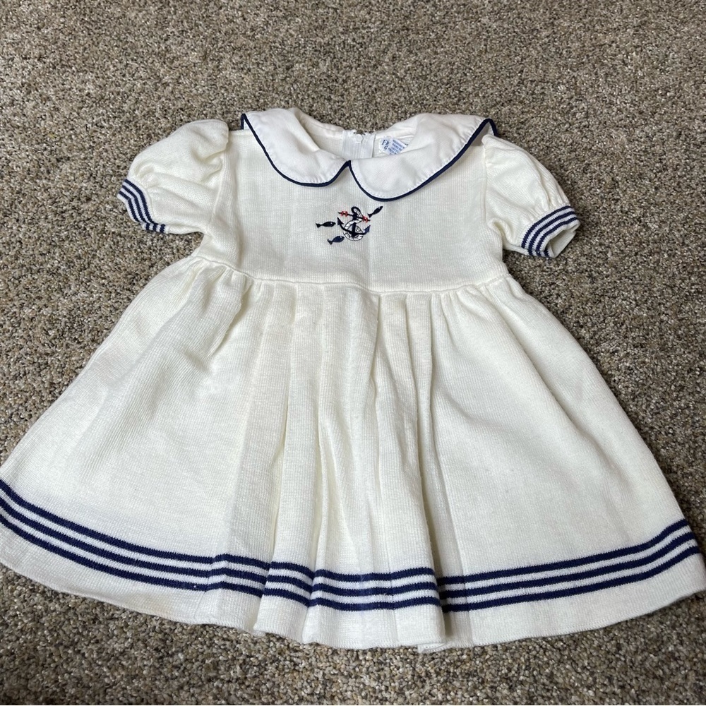 Vintage Friedknit Creations Infant Girls Nautical Smocked Dress Cream Size 24M